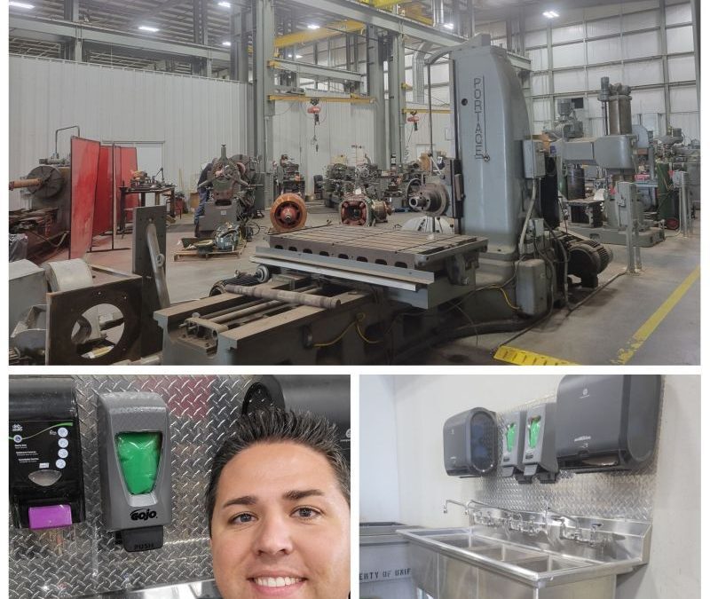 Image of a collage of photos. 1 shows industrial equipment, 1 shows the face of Chris Peters, and the third shows an industrial sink.